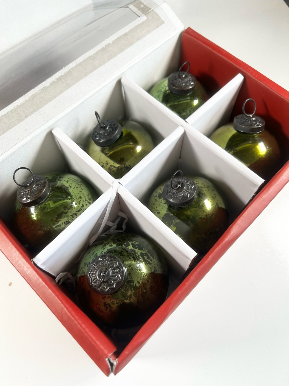 Pottery Barn Green Mercury Glass Christmas Ornaments Boxed Set of 6